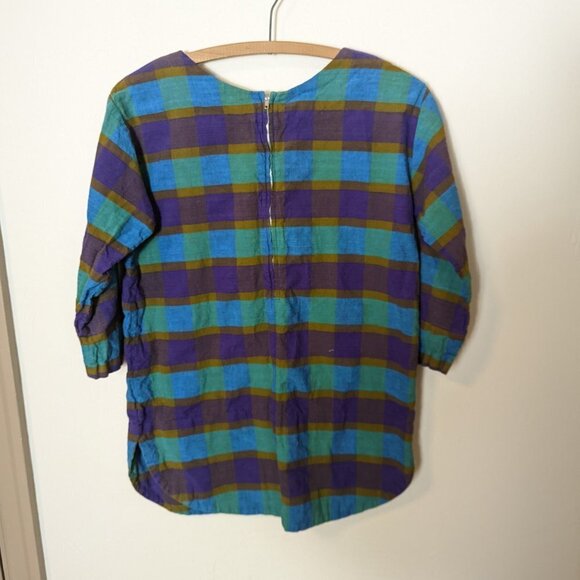 Vintage Fish Embroidered Gingham Checkered Plaid Top Boho Scandi Girl Angelica - Picture 2 of 6